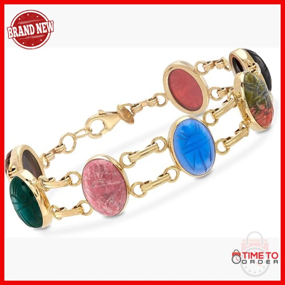 18kt Gold Over Sterling Multi-Gemstone Scarab Bracelet, Lobster Clasp